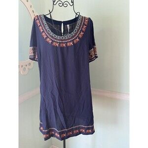 Anthropologie Mur Mur Embroidered Short Sleeve ‎ baby doll Medium Navy NWT